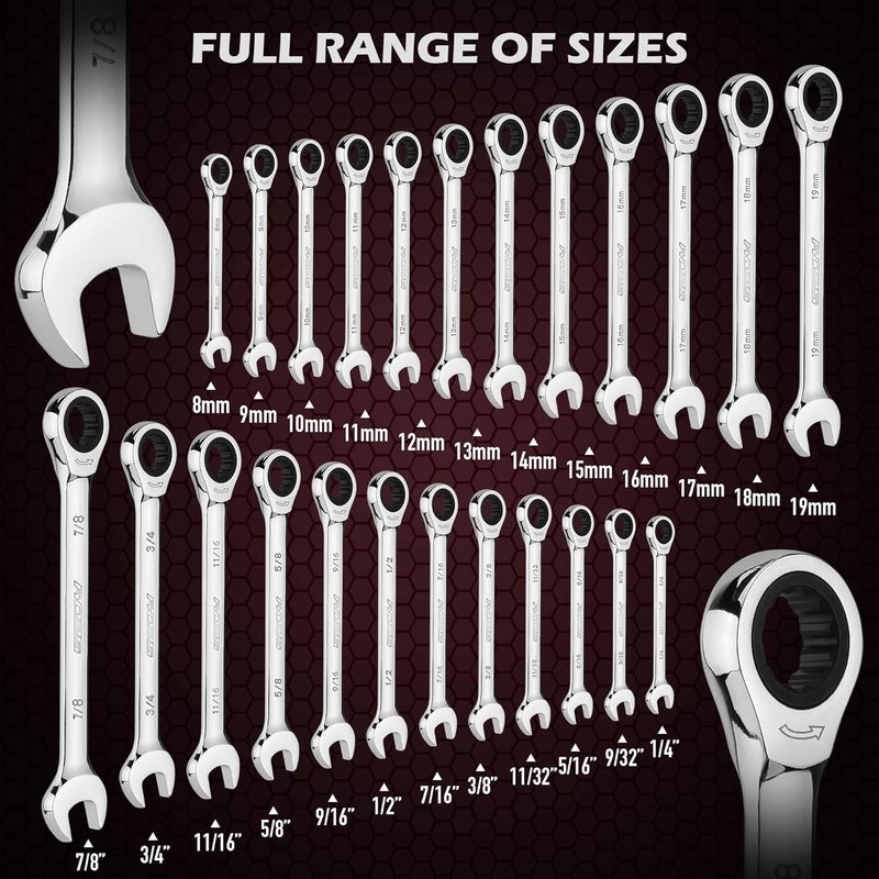 SEDY Premium 24-Piece Ratcheting Wrench Set, SAE & Metric Combination Wrenches, 8-19mm / 1/4"-7/8", 72-Tooth Ratchet Spanners, Chrome Vanadium Steel with Roll-Up Pouch for Mechanics - Image 3